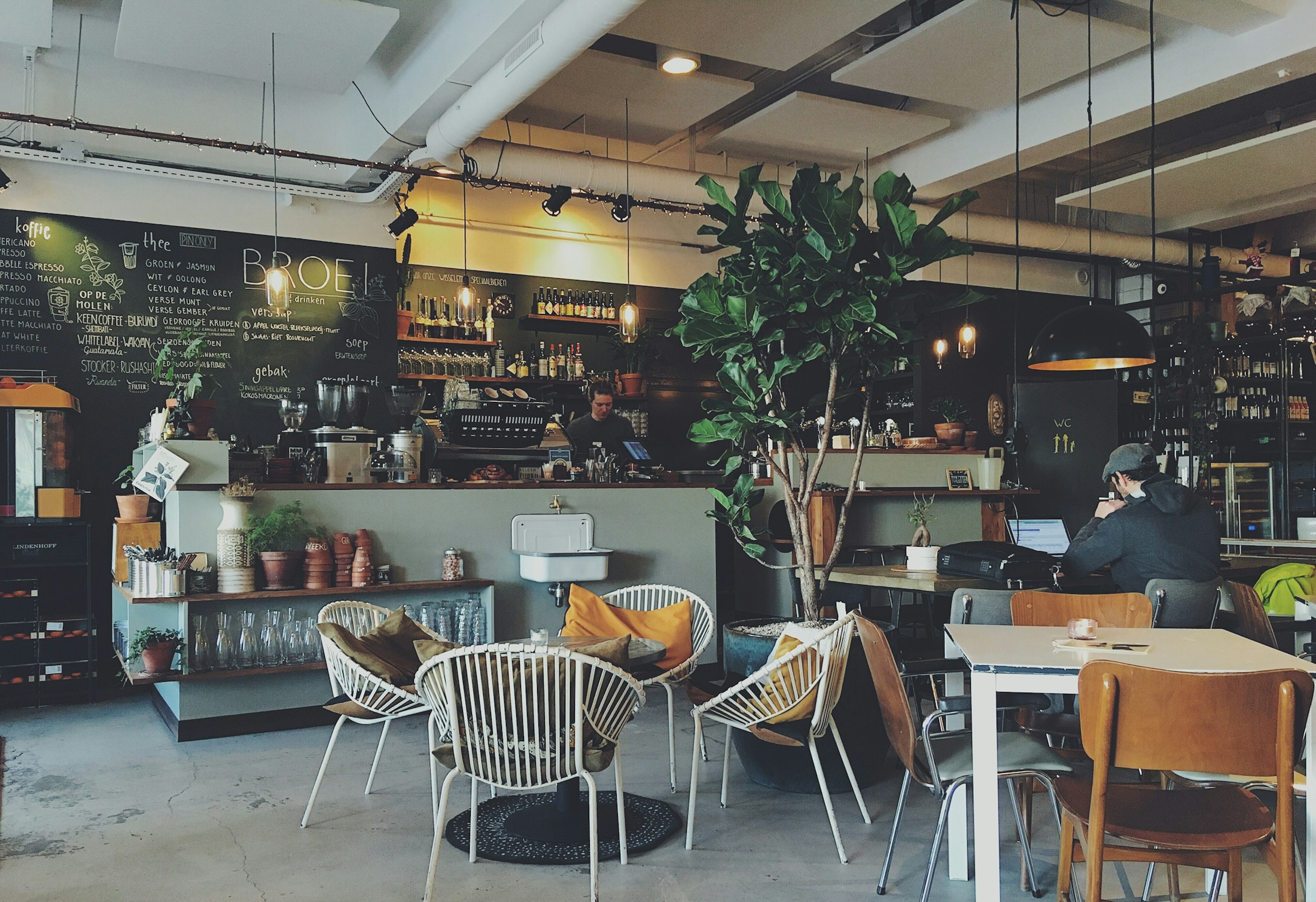 Lichtdurchfluteter Cafébereich mit Pflanzen und Sitzplätzen